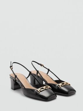 Mango MNG Black Patent Slingback Block Heel Shoes Gold Link US 6.5 Euro 37 New